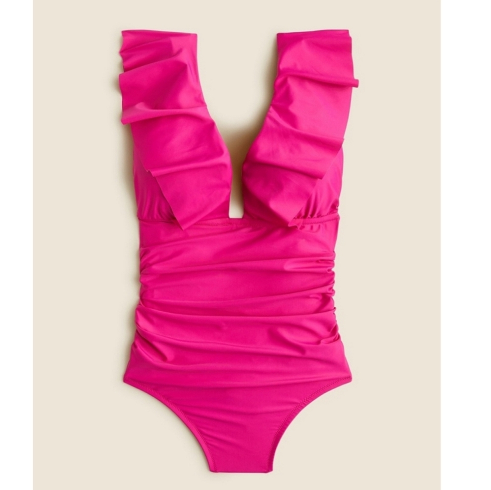 NWT J. CREW Ruched Ruffle One Piece Swimsuit Hot Pink Preppy Barbie Size 0 4